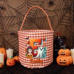 Personalised Cute Cartoon Character Pumpkin Trick or Treat Checkered Bag Sweets Bucket with Name and Initial Halloween Party Gift for Kids