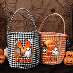Personalizzato Carino personaggio dei cartoni animati Zucca dolcetto o scherzetto Borsa a scacchi Secchiello per caramelle con nome e iniziali Regalo di Halloween per bambini
