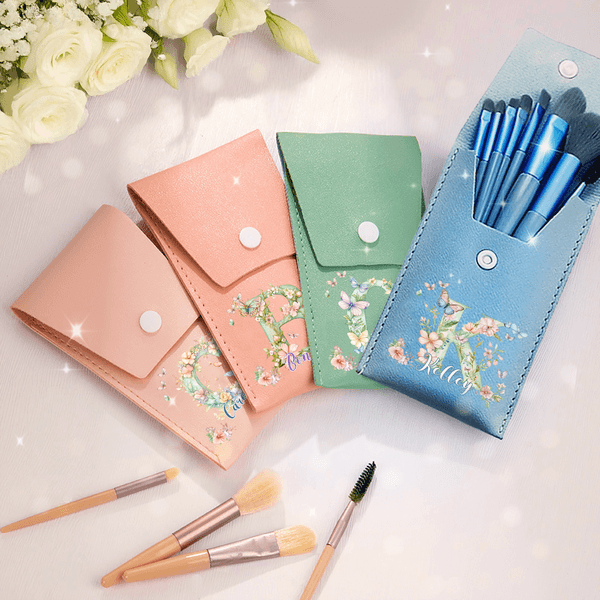 Personalized Floral Butterfly Initial PU Leather Makeup Brush Bag Set with Name and 8 Pcs Makeup Brushes Travel Essentials Birthday Gift for Women