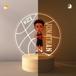 Personalized Cartoon Basketball Character Round LED Night Light with Name Number and Wooden Base Desk Decor Birthday Gift for Him