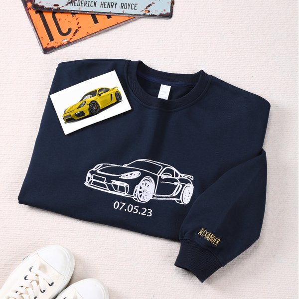 Personalizada Iconic Car Motocycle Bordado Foto Camiseta Sudadera Sudadera con capucha con texto Cumpleaños Aniversario Regalo para los propietarios de automóviles