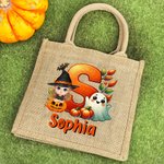 Personalised Halloween Cartoon Character Ghost Pumpkin Initial Large Tote Bag with Name Halloween Party Gift for Kids