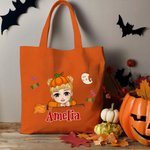Personalised Magic Broom Ghost Sweets Halloween Cartoon Character Canvas Bag with Name Halloween Party Gift for Boys Girls