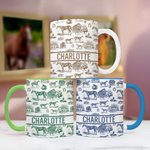 Personalized Multicolor Equestrianism Pattern Ceramic Coffee Mug with Text and Coaster Anniversary Birthday Gift for Equestrians Cowgirls