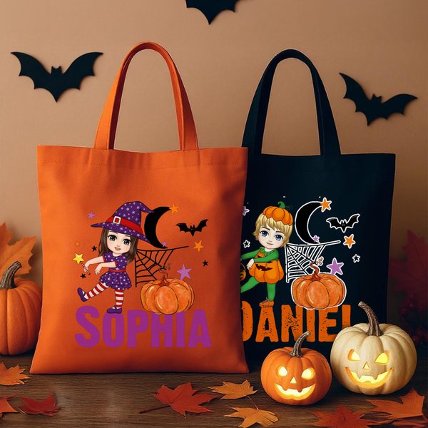 Personalisierte Mond Kürbis Halloween Cartoon Charakter große Leinwand Tragetasche mit Namen Halloween Party Geschenk für Jungen Mädchen
