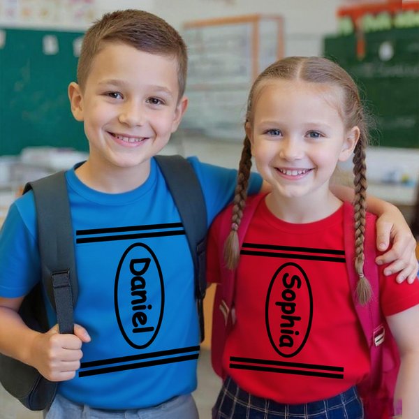 Personalised Multicolour Crayon Design Breathable 100% Cotton Kid Adult T-shirt with Text Halloween Family Outfit Party Gift for Kids Adults Teachers