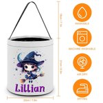 Personalized Cute Witch Broom Stars Moon Kid Trick or Treat Bag Candy Bucket with Name Halloween Party Favors for Girls