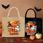 Personalised Halloween Cartoon Character Ghost Pumpkin Initial Large Tote Bag with Name Halloween Party Gift for Kids