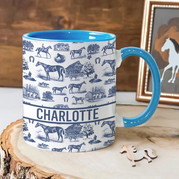 Personalized Multicolor Equestrianism Pattern Ceramic Coffee Mug with Text and Coaster Anniversary Birthday Gift for Equestrians Cowgirls