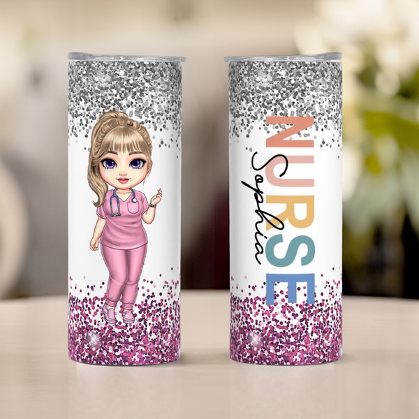 Personalized Cartoon Doctor Nurse Character Name Insulated 20 oz Skinny Tumbler with Straw and Lid Nurse Week Appreciation Gift for Medical Staff