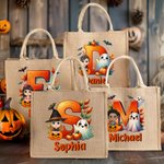 Personalised Halloween Cartoon Character Ghost Pumpkin Initial Large Tote Bag with Name Halloween Party Gift for Kids