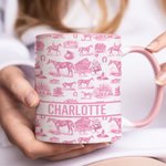 Personalized Multicolor Equestrianism Pattern Ceramic Coffee Mug with Text and Coaster Anniversary Birthday Gift for Equestrians Cowgirls