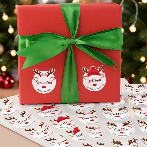 Personalised Cute Christmas Reindeer Waterproof Stickers Labels with Name and Text Gift Decor Christmas Festival Party Favors for Family Friends