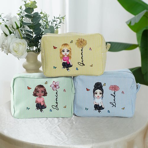 Beauty case personalizzato con fiore di nascita e personaggio multicolore a righe con nome e cerniera perfetta per viaggi regalo per donne