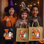 Personalised Halloween Cartoon Character Ghost Pumpkin Initial Large Tote Bag with Name Halloween Party Gift for Kids