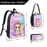 Sac à Dos Sac Repas et Trousse à Crayons Set Personnalisé avec Personnage Cartoon et Nom Essentiels de Rentrée Scolaire Cadeau pour Enfant