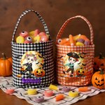 Personalized Cute Cartoon Character Pumpkin Moon Checkered Bag Sweets Bucket with Name Halloween Party Gift for Children