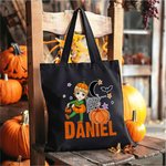 Personalisierte Mond Kürbis Halloween Cartoon Charakter große Leinwand Tragetasche mit Namen Halloween Party Geschenk für Jungen Mädchen