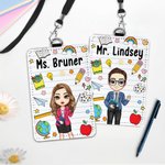 Gepersonaliseerde Cartoon Leraar Karakter PU lederen ID-kaart houder met sleutelkoord en tekst Teacher's Day Waardering Gift voor leraar
