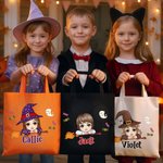 Personalised Magic Broom Ghost Sweets Halloween Cartoon Character Canvas Bag with Name Halloween Party Gift for Boys Girls