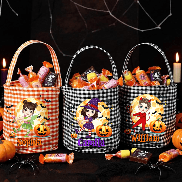 Personalized Cute Cartoon Character Pumpkin Moon Checkered Bag Sweets Bucket with Name Halloween Party Gift for Children