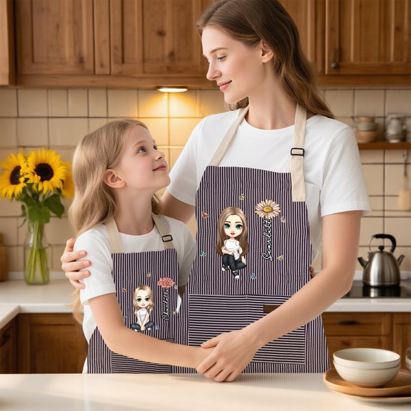 Tablier de Cuisine Personnalisé avec Fleur de Naissance Personnage Cartoon et Nom Cadeau d’Anniversaire pour Enfants et Famille