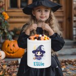 Personalized Cute Witch Broom Stars Moon Kid Trick or Treat Bag Candy Bucket with Name Halloween Party Favors for Girls