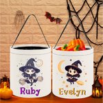 Personalized Cute Witch Broom Stars Moon Kid Trick or Treat Bag Candy Bucket with Name Halloween Party Favors for Girls