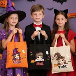 Personalised Magic Broom Ghost Sweets Halloween Cartoon Character Canvas Bag with Name Halloween Party Gift for Boys Girls