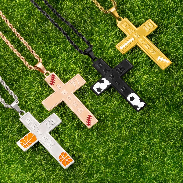 Personalised Baseball Softball Basketball Soccer Cross Necklace with Name Number Text Game Day Birthday Gift for Sports Lovers