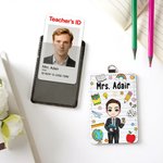 Gepersonaliseerde Cartoon Leraar Karakter PU lederen ID-kaart houder met sleutelkoord en tekst Teacher's Day Waardering Gift voor leraar