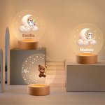 Personalisiertes Mondsichel und Tier Nachtlicht mit Namen Sternen Holzsockel Kinderzimmer Deko Geburtstag Geschenk für Kinder Tierliebhaber
