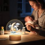 Personligt LED-nattljus med namn, datum och träfot Månstjärnor Söta djur barnkammardekor doppresent födelsedagspresent för barn