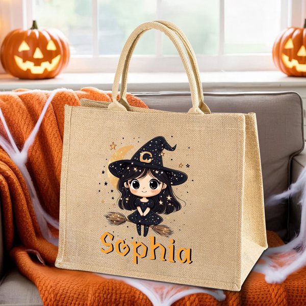 Personalisierte niedlichen Cartoon Hexe Jute Tote Tasche mit Namen Halloween Party Geschenk für Mädchen Frauen