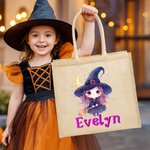 Personalisierte niedlichen Cartoon Hexe Jute Tote Tasche mit Namen Halloween Party Geschenk für Mädchen Frauen