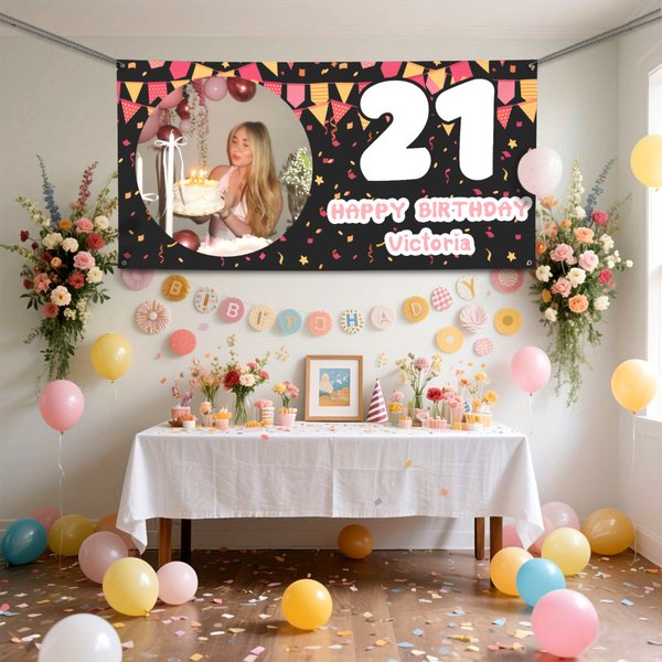 Gepersonaliseerde vlaggen linten foto verjaardag banner met leeftijd en naam feestdecor verjaardagscadeau voor vrienden familie