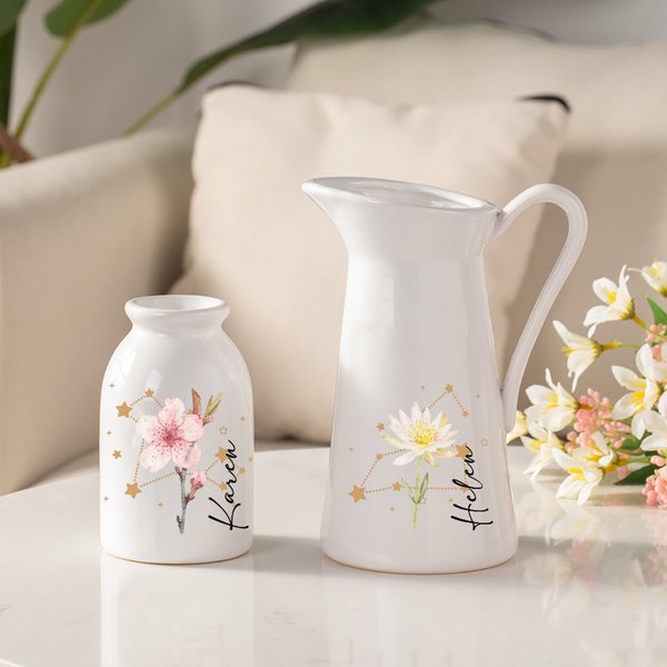 Personalised Zodiac Birth Flower Ceramic Flower Vase with Name Home Decor Birthday Housewarming Christmas Gift for Family Friends