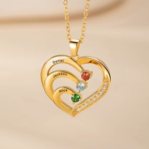 Personalized Birthstone Family Heart Pendant Sterling Silver Necklace with 1-6 Engraved Names Mother's Day Birthday Gift for Mom Grandma