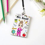 Gepersonaliseerde Cartoon Leraar Karakter PU lederen ID-kaart houder met sleutelkoord en tekst Teacher's Day Waardering Gift voor leraar