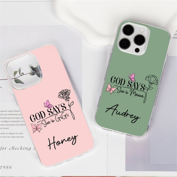 Flor de nacimiento personalizada Dios dice que ella es Funda de teléfono para iPhone con nombre y título Cumpleaños Aniversario Regalo para mujeres jóvenes