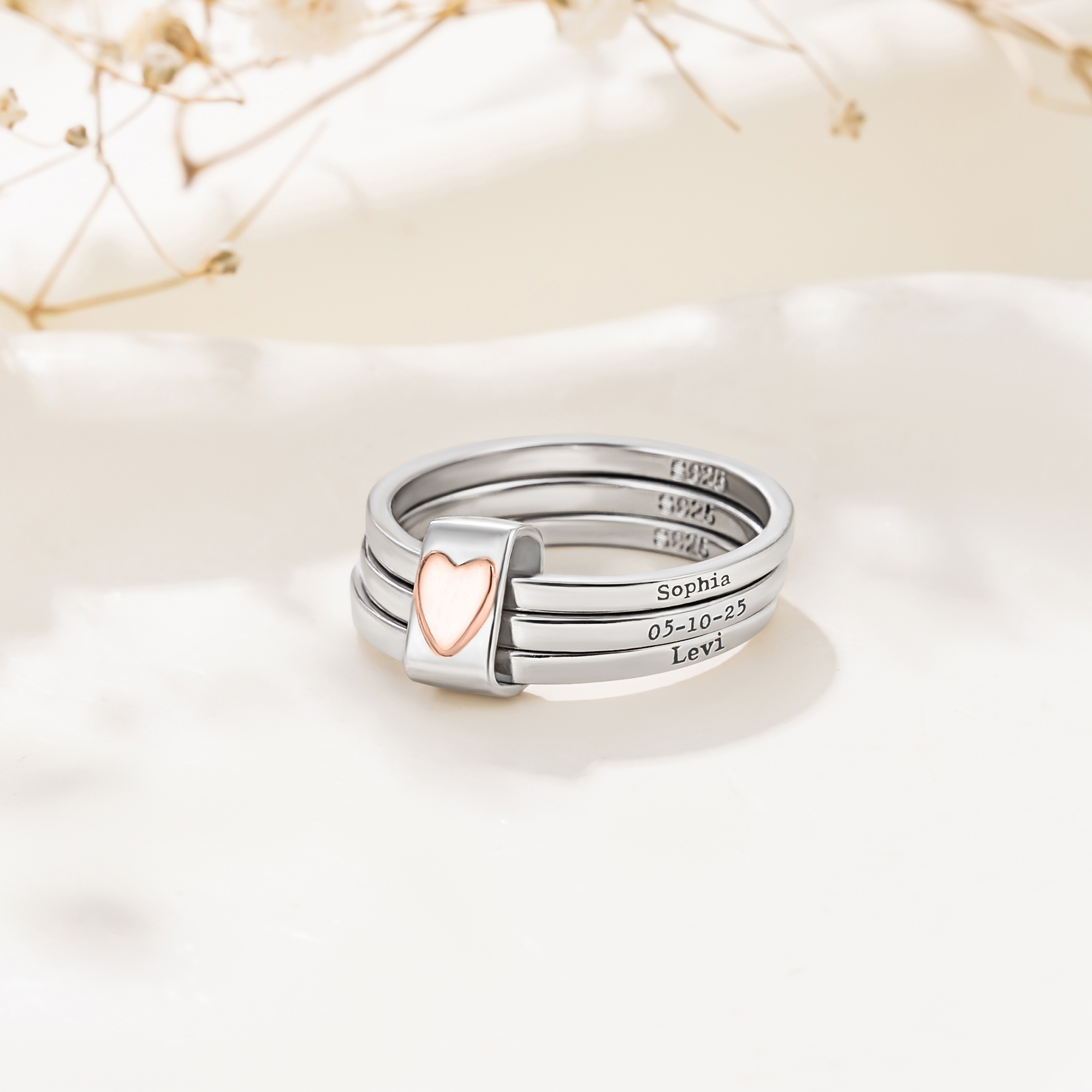 Personalized Sterling Silver Heart Stacking Rings with 3 Engraved Text Dainty Jewelry Baby Shower Birthday Gift for New Mom Kids