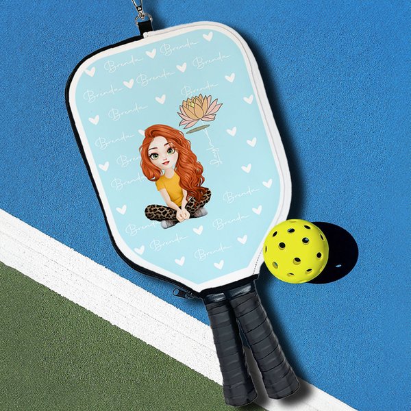 Personalized Cartoon Girl Birth Flower Zipper Pickleball Paddle Protective Cover with Name and Hanging Clip Birthday Gift for Pickleball Lovers
