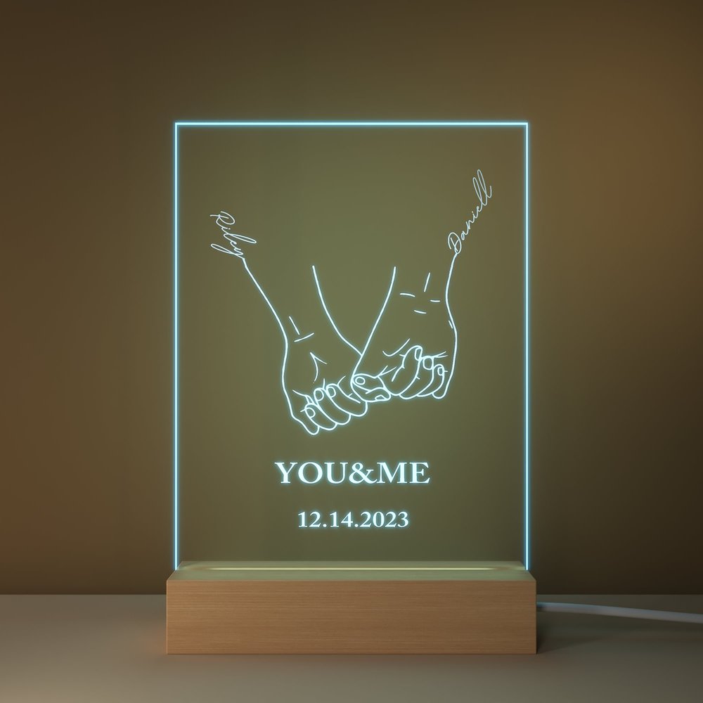 Veilleuse LED "Holding Hands with Love" personnalisée avec socle en bois Décoration romantique pour la maison Cadeau d'anniversaire de Saint-Valentin pour un couple 5