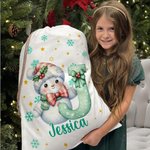 Gepersonaliseerde Schattige Cartoon Sneeuwpop met Kerstmuts Initiaal Canvas Trekkoord Cadeautas met Naam Kerstcadeau voor Familie en Vrienden