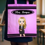 Personalised Cartoon Teacher Character Large Capacity Tote Bag with Text Teacher's Day Birthday Gift for Teachers