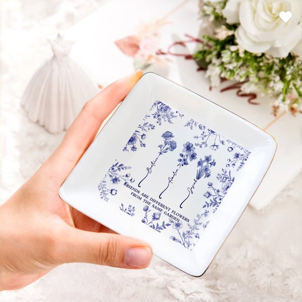 Spersonalizowana biżuteria Toile De Jouy Birth Flower Friendship Dish z imieniem na Dzień Dziękczynienia Prezent urodzinowy dla kobiet