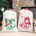Gepersonaliseerde Schattige Cartoon Sneeuwpop met Kerstmuts Initiaal Canvas Trekkoord Cadeautas met Naam Kerstcadeau voor Familie en Vrienden
