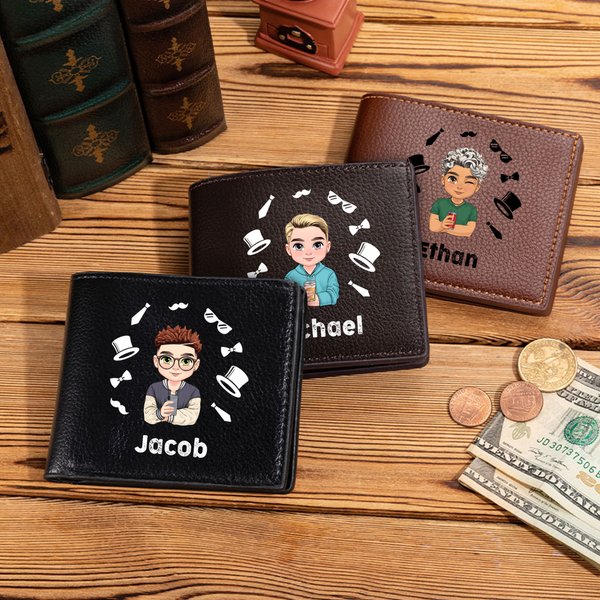 Personalised Cartoon Gentleman Foldable PU Leather Wallet with Name Daily Use Anniversary Birthday Gift for Man