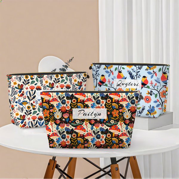 Henkilökohtainen värikäs Folk Art Flower Makeup Bag nimi Travel Essential Syntymäpäivä Vuosipäivä lahja naiselle Ystävä