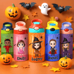 Personalisierte Cartoon-Charakter Hexe Vampir Kürbis Name 12 oz Kind isolierte Wasserflasche mit Griff und Silikon-Strohhalm Halloween Geschenk für Kinder